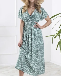 Sukienki Letnie|Sukienki Długie^Royalfashion Kwiecista ciemnozielona damska sukienka z kopertowym dekoltem zielony