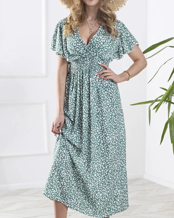 Sukienki Letnie|Sukienki Długie^Royalfashion Kwiecista ciemnozielona damska sukienka z kopertowym dekoltem zielony