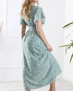 Sukienki Letnie|Sukienki Długie^Royalfashion Kwiecista ciemnozielona damska sukienka z kopertowym dekoltem zielony