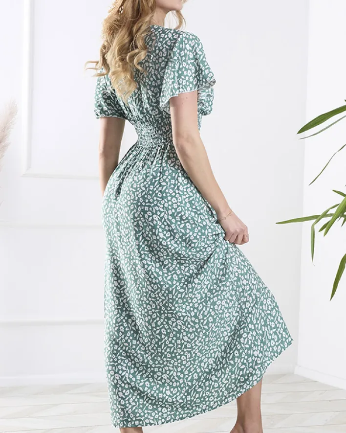 Sukienki Letnie|Sukienki Długie^Royalfashion Kwiecista ciemnozielona damska sukienka z kopertowym dekoltem zielony