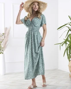 Sukienki Letnie|Sukienki Długie^Royalfashion Kwiecista ciemnozielona damska sukienka z kopertowym dekoltem zielony