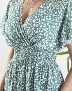 Sukienki Letnie|Sukienki Długie^Royalfashion Kwiecista ciemnozielona damska sukienka z kopertowym dekoltem zielony