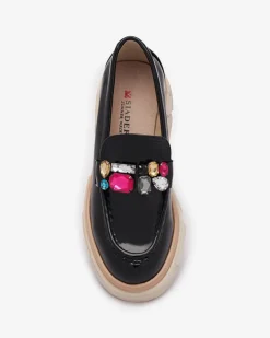 Mokasyny Na Płaskiej Podeszwie|Półbuty^Royalfashion Lakierowane czarne mokasyny z kolorowymi kamyczkami Sarix czarny