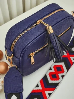 Małe Torebki^Royalfashion Mała damska torebka z eko skóry z kolorowym paskiem Kovi Lace Granatowy