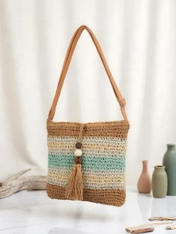 Wiklinowe I Słomiane^Royalfashion Mała słomiana torebka damska Stripe Charm Mini niebieski