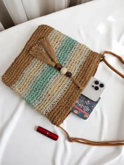 Wiklinowe I Słomiane^Royalfashion Mała słomiana torebka damska Stripe Charm Mini niebieski