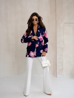 Kurtki / Marynarki / Płaszcze^Royalfashion Marynarka damska bez zapięcia z kwiatami róży Granatowy