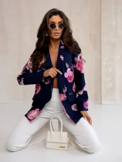 Kurtki / Marynarki / Płaszcze^Royalfashion Marynarka damska bez zapięcia z kwiatami róży Granatowy