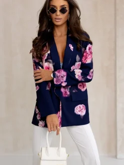 Kurtki / Marynarki / Płaszcze^Royalfashion Marynarka damska bez zapięcia z kwiatami róży Granatowy