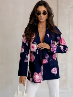 Kurtki / Marynarki / Płaszcze^Royalfashion Marynarka damska bez zapięcia z kwiatami róży Granatowy