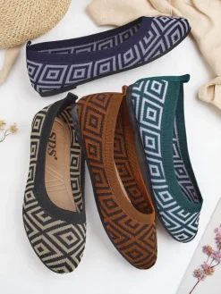 Baleriny Klasyczne^Royalfashion Materiałowe damskie baleriny z geometrycznym printem Metric zielony