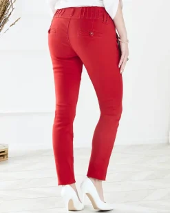 Spodnie Materiałowe^Royalfashion Materiałowe spodnie damskie z niskim stanem w kolorze m czerwony
