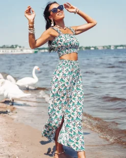 Komplety Damskie^Royalfashion Miętowy damski komplet z printem w kwiaty zielony