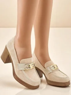 Mokasyny Na Obcasie^Royalfashion Mokasyny damskie na słupku Qeroy beżowy