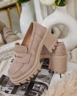 Półbuty|Mokasyny Na Obcasie^Royalfashion Mokasyny damskie na słupku Narvoti beżowy
