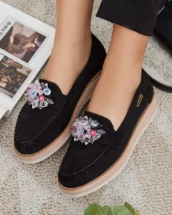 Mokasyny Na Płaskiej Podeszwie|Półbuty^Royalfashion Mokasyny z kolorowymi kamyczkami Restea czarny