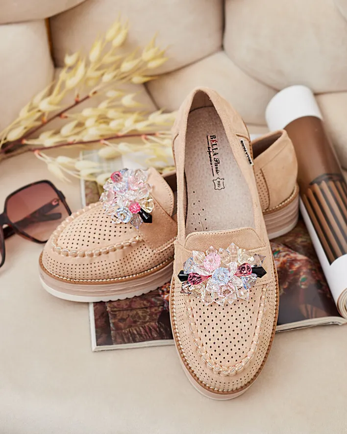 Półbuty|Mokasyny Na Płaskiej Podeszwie^Royalfashion Mokasyny z kolorowymi kamyczkami Restea jasny brązowy