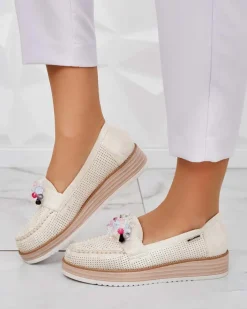 Półbuty|Mokasyny Na Płaskiej Podeszwie^Royalfashion Mokasyny z kolorowymi kamyczkami Restea krem