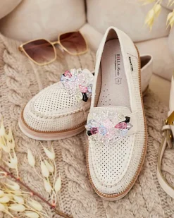 Półbuty|Mokasyny Na Płaskiej Podeszwie^Royalfashion Mokasyny z kolorowymi kamyczkami Restea krem