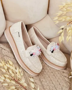 Półbuty|Mokasyny Na Płaskiej Podeszwie^Royalfashion Mokasyny z kolorowymi kamyczkami Restea krem