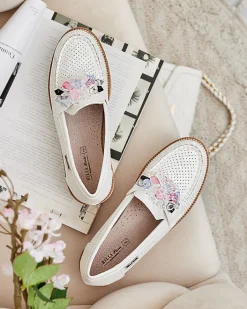 Półbuty|Mokasyny Na Płaskiej Podeszwie^Royalfashion Mokasyny z kolorowymi kamyczkami Restea biały