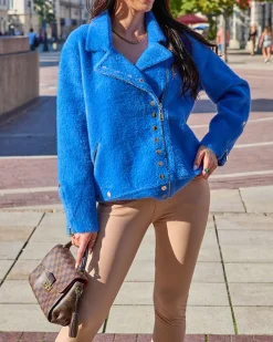 Swetry|Kurtki / Marynarki / Płaszcze^Royalfashion Niebieska damska kurtka z kieszeniami Ecru