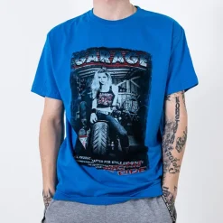 Bluzki^Royalfashion Niebieski bawełniany t-shirt męski zdobiony printem i napisem Wielokolorowe