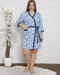 Szlafroki^Royalfashion Niebieski damski bawełniany szlafrok z roślinnym wzorem