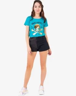 Bluzki / Koszule / Koszulki^Royalfashion Niebieski damski t-shirt z cekinami i napisami turkusowy