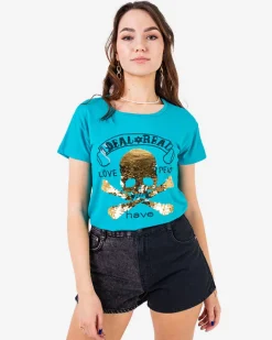 Bluzki / Koszule / Koszulki^Royalfashion Niebieski damski t-shirt z cekinami i napisami turkusowy
