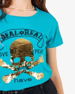 Bluzki / Koszule / Koszulki^Royalfashion Niebieski damski t-shirt z cekinami i napisami turkusowy