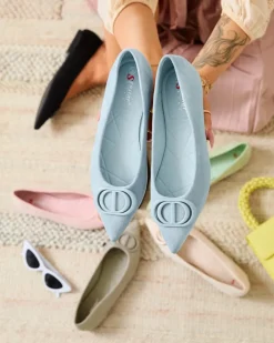 Baleriny Klasyczne^Royalfashion Niebieskie baleriny damskie w szpic z ozdobą na nosku Tidita Ecru