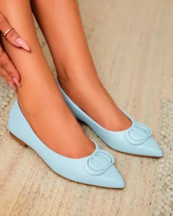 Baleriny Klasyczne^Royalfashion Niebieskie baleriny damskie w szpic z ozdobą na nosku Manixy Ecru