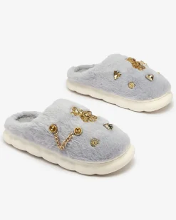 Kapcie^Royalfashion Niebiesko - szare damskie futrzane kapcie z ozdobami Erserra Ecru