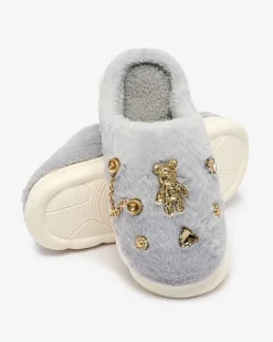 Kapcie^Royalfashion Niebiesko - szare damskie futrzane kapcie z ozdobami Erserra Ecru