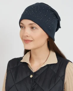 Czapki I Kapelusze^Royalfashion Ocieplana damska czapka z cyrkoniami Granatowy