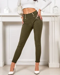 Legginsy / Tregginsy^Royalfashion Ocieplane damskie spodnie typu tregginsy z ozdobnymi guzikami zielony