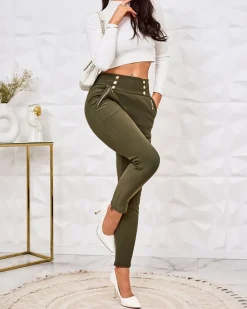 Legginsy / Tregginsy^Royalfashion Ocieplane damskie spodnie typu tregginsy z ozdobnymi guzikami zielony