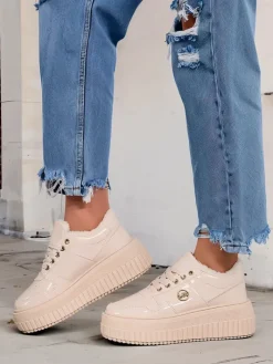 Ocieplane|Sneakersy^Royalfashion Ocieplane sneakersy damskie z futerkiem Rozit beżowy