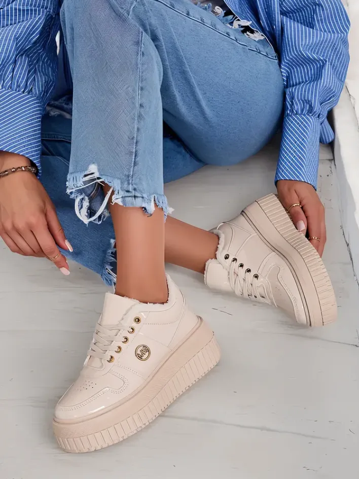 Ocieplane|Sneakersy^Royalfashion Ocieplane sneakersy damskie z futerkiem Rozit beżowy