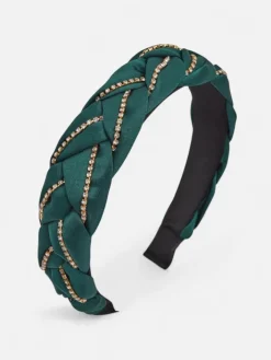 Akcesoria Do Włosów^Royalfashion Opaska do włosów z pleceniem w warkocz zdobiona cyrkoniami zielony