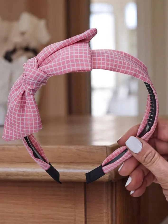 Akcesoria Do Włosów^Royalfashion Opaska do włosów z kokardką w kratkę Gosia różowy