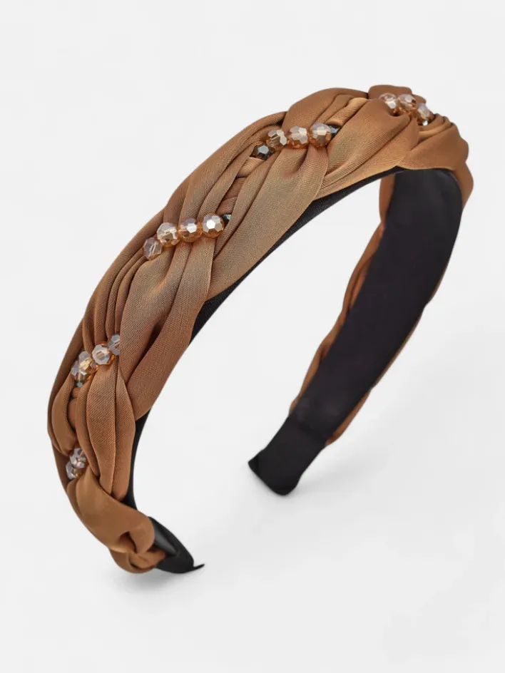 Akcesoria Do Włosów^Royalfashion Opaska na włosy z plecionką w warkocz i perełkami Camel