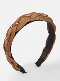 Akcesoria Do Włosów^Royalfashion Opaska na włosy z plecionką w warkocz i perełkami Camel