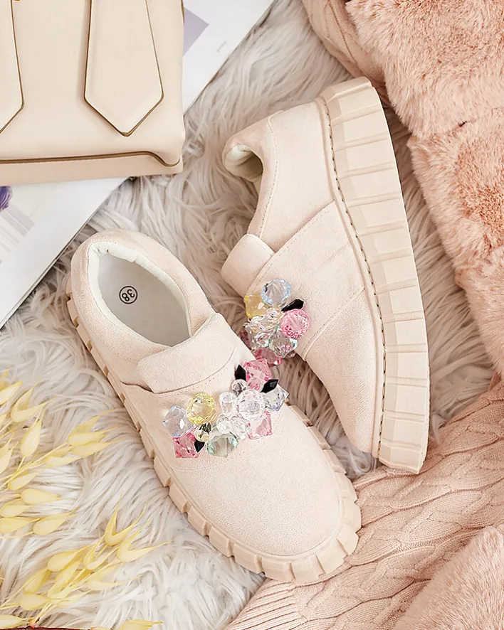 Półbuty|Mokasyny Na Płaskiej Podeszwie^Royalfashion Półbuty sportowe z kolorowymi kamyczkami Resinello beżowy