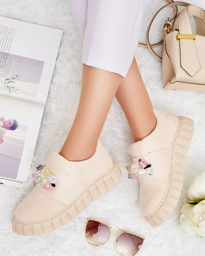 Półbuty|Mokasyny Na Płaskiej Podeszwie^Royalfashion Półbuty sportowe z kolorowymi kamyczkami Resinello beżowy