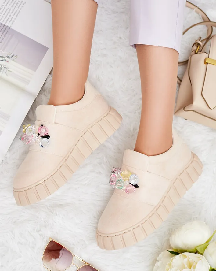 Półbuty|Mokasyny Na Płaskiej Podeszwie^Royalfashion Półbuty sportowe z kolorowymi kamyczkami Resinello beżowy