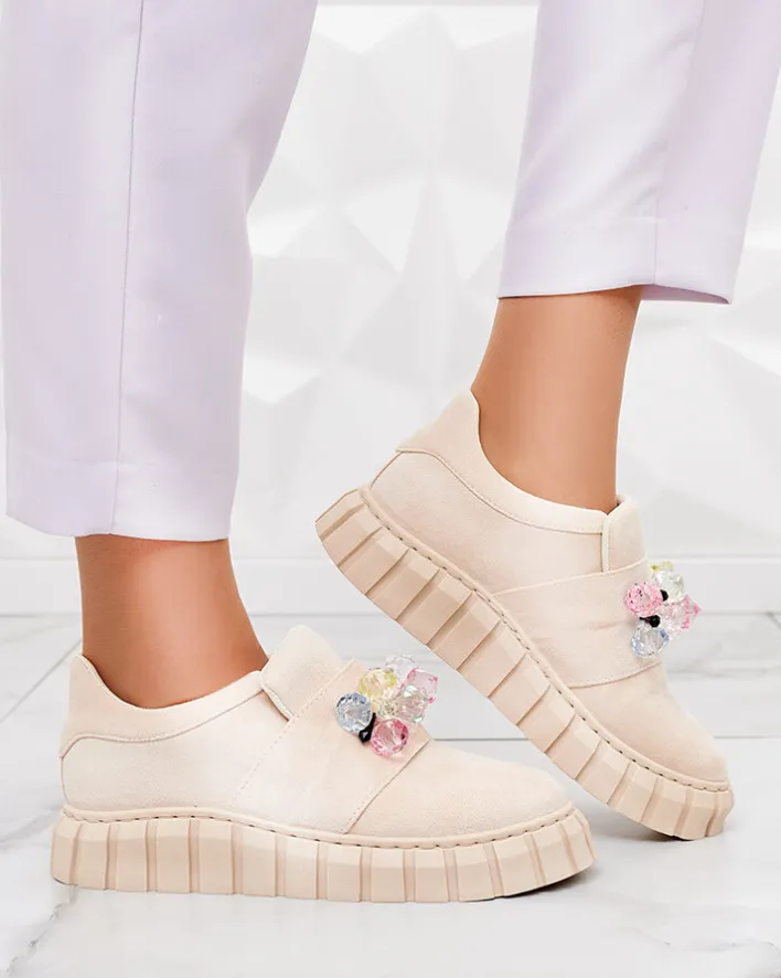 Półbuty|Mokasyny Na Płaskiej Podeszwie^Royalfashion Półbuty sportowe z kolorowymi kamyczkami Resinello beżowy