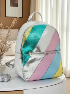 Plecaki^Royalfashion Plecak damski z eko skóry w paski Metallic Stripes srebrny