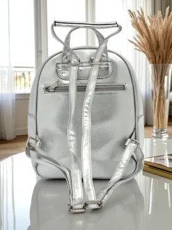 Plecaki^Royalfashion Plecak damski z eko skóry w paski Metallic Stripes srebrny